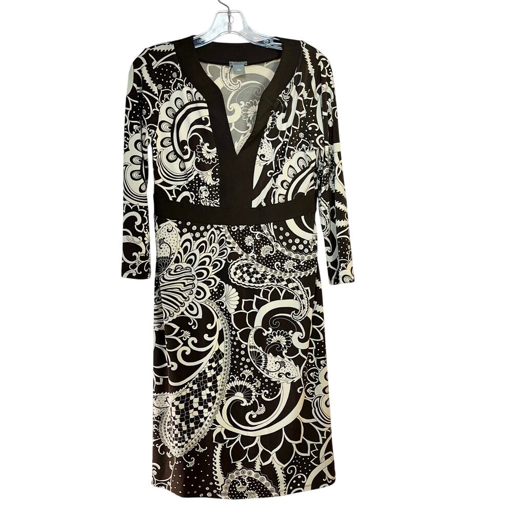 Ann Taylor Shift Dress V-Neck Empire Waist Brown & Beige Stretchy Women's Size 4